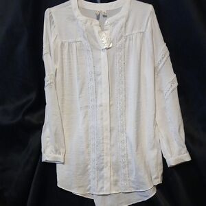 Cato White Lace-Trim Button Front Blouse